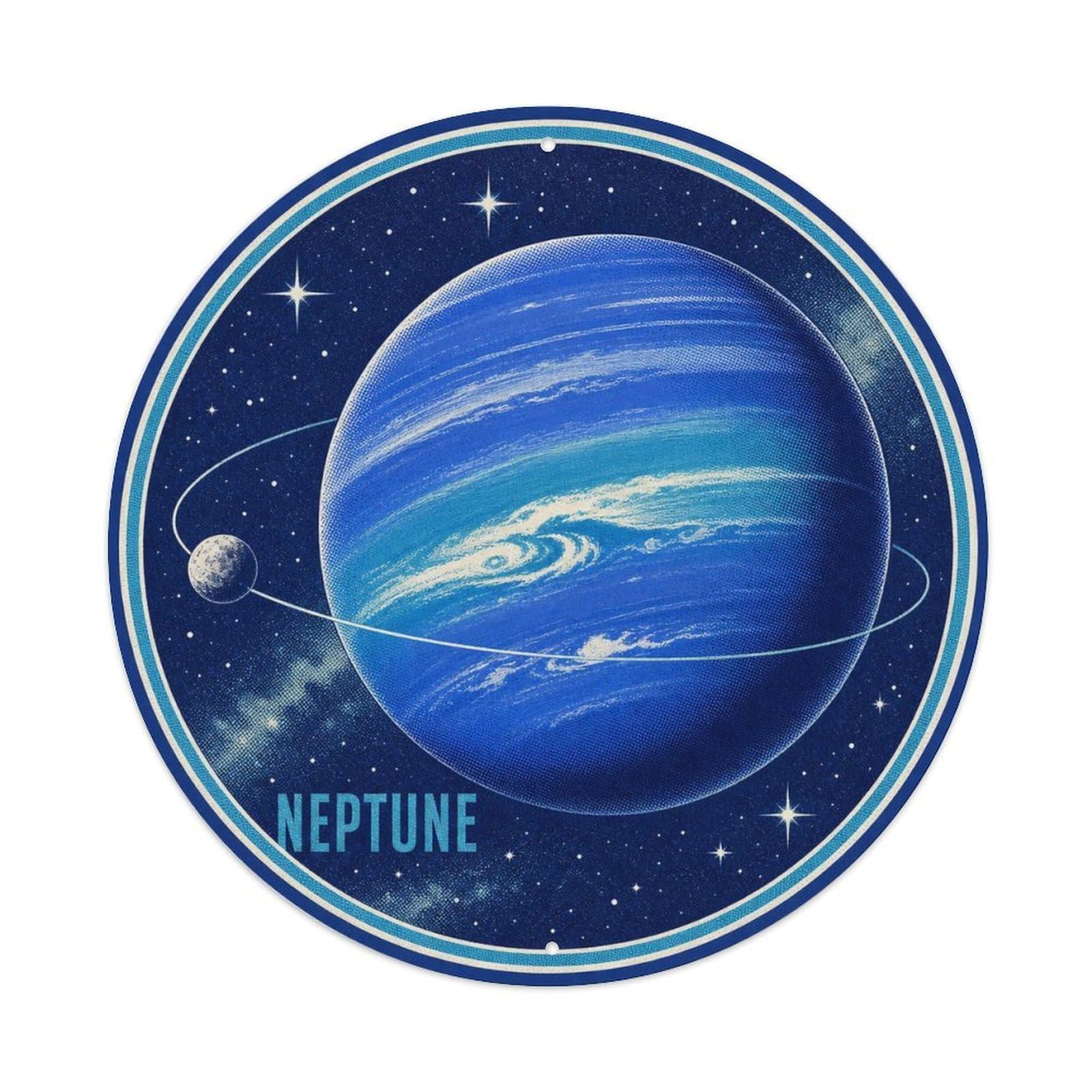Space Exploration Celestial Neptune Blue Planet Metal Tin Sign Plaque Wall Decor for Cafe, Man Cave, Club Bar, Office, Home Garden Round Metal Poster 8x8Inch