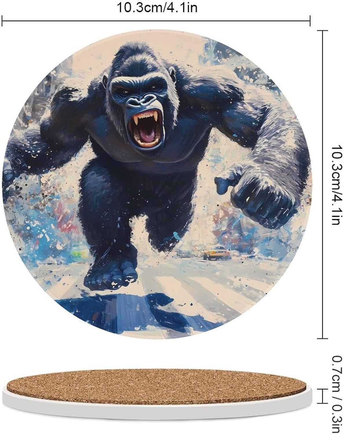 Angry Fighting Gorillas Round Ceramic Coasters Print Drinks Absorbent with Cork Base for Home Decor Gifts 4 Inch