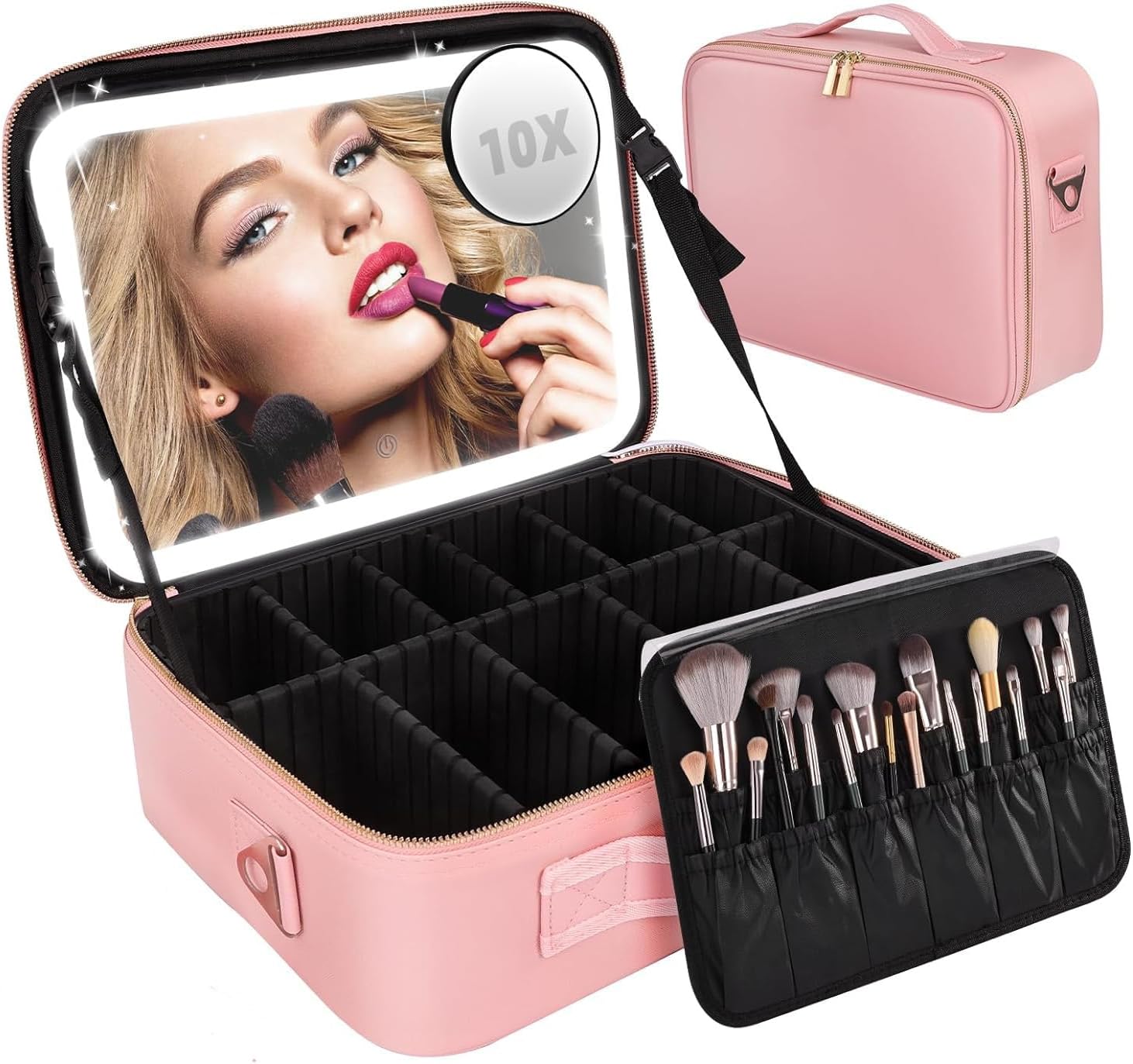 iklestarExtra Large Travel Makeup Bag with LED Mirror, Cosmetics Make Up Bag with Light Up Mirror with Vanity Case Makeup Organiser Bag, 3 Colour Temperature and Brightness Adjustable, Dividers Compartment