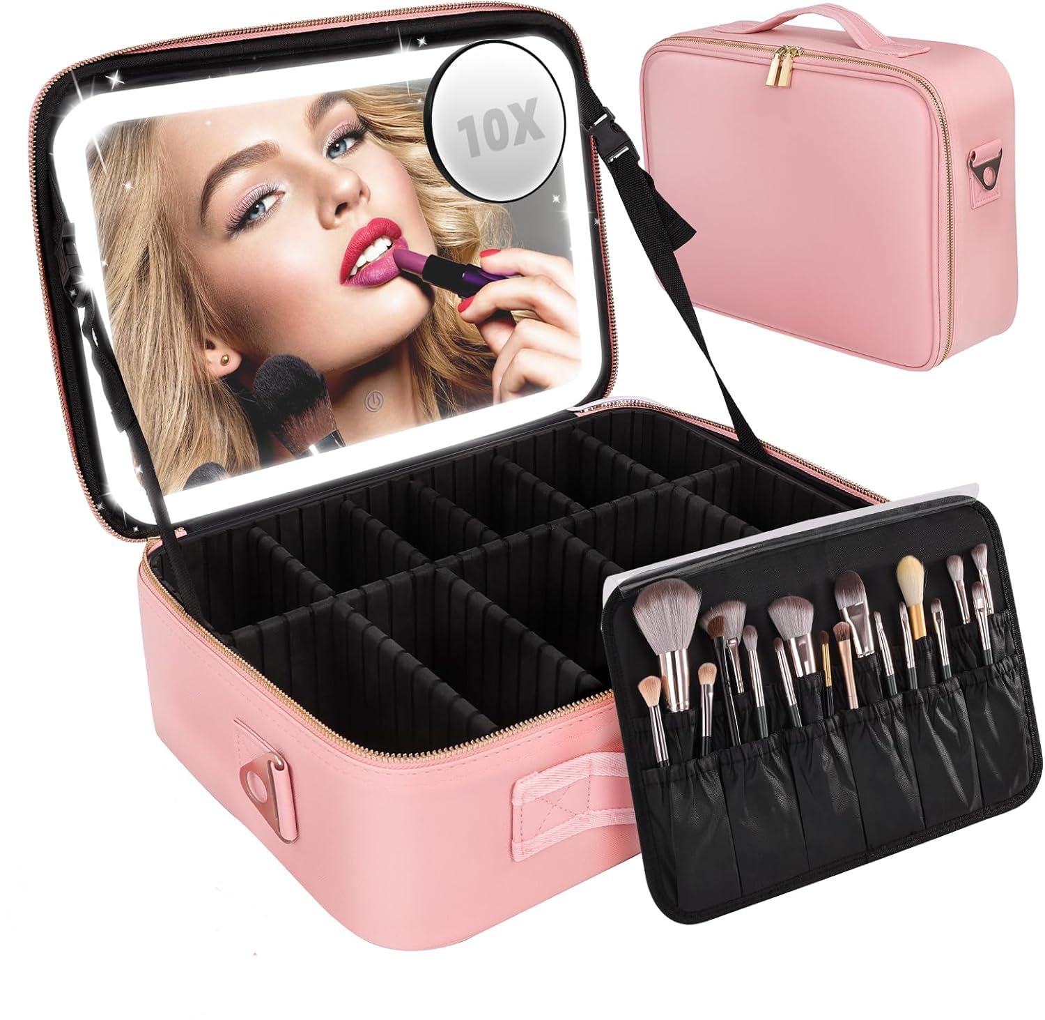 iklestarExtra Large Travel Makeup Bag with LED Mirror, Cosmetics Make Up Bag with Light Up Mirror with Vanity Case Makeup Organiser Bag, 3 Colour Temperature and Brightness Adjustable, Dividers Compartment