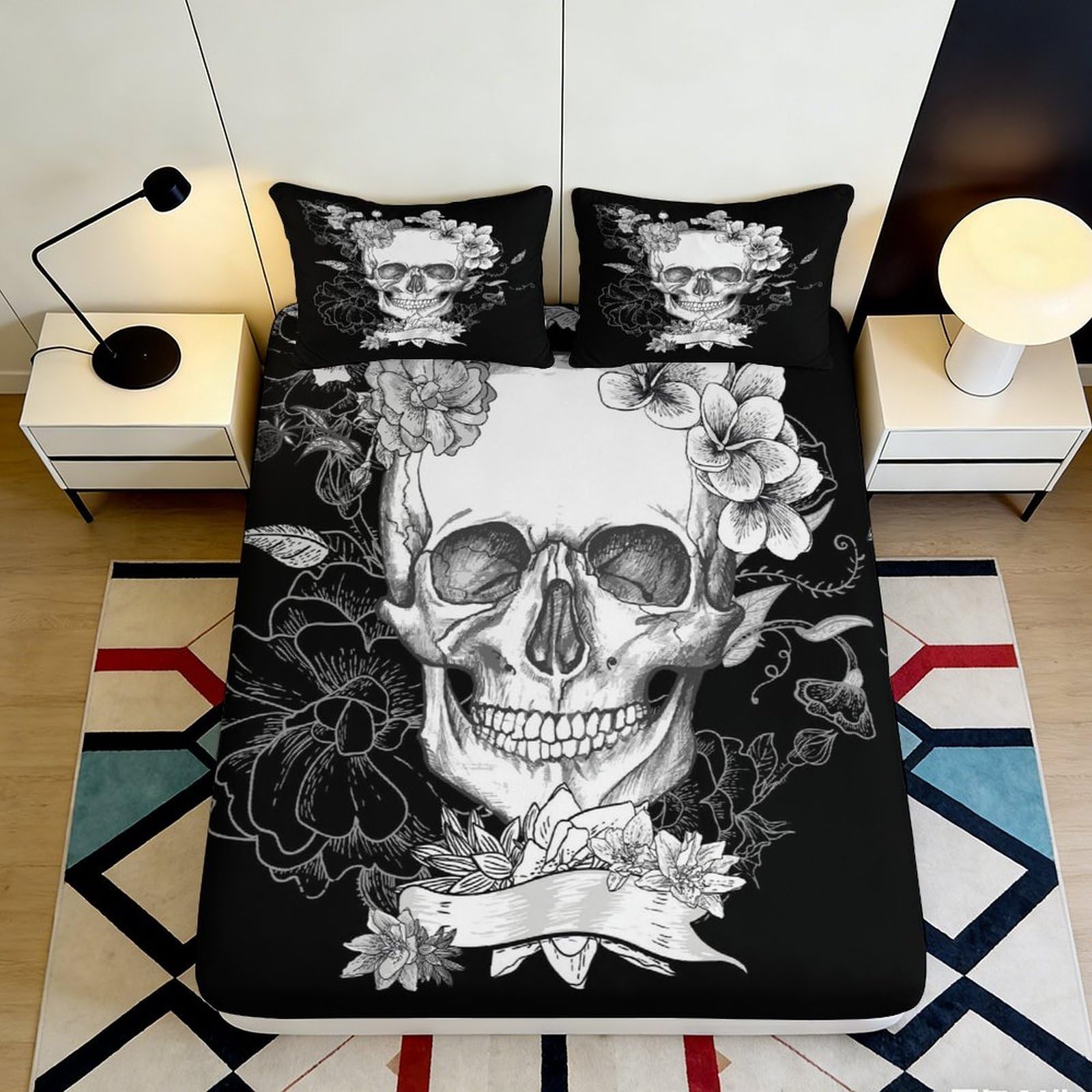 3D Printed Skull Floral Fitted Sheet Microfiber Deep Pocket Elastic Hem Bedroom Decor Skull Floral Mattress Fitted Cover for Adults Teens 200x200x25cm