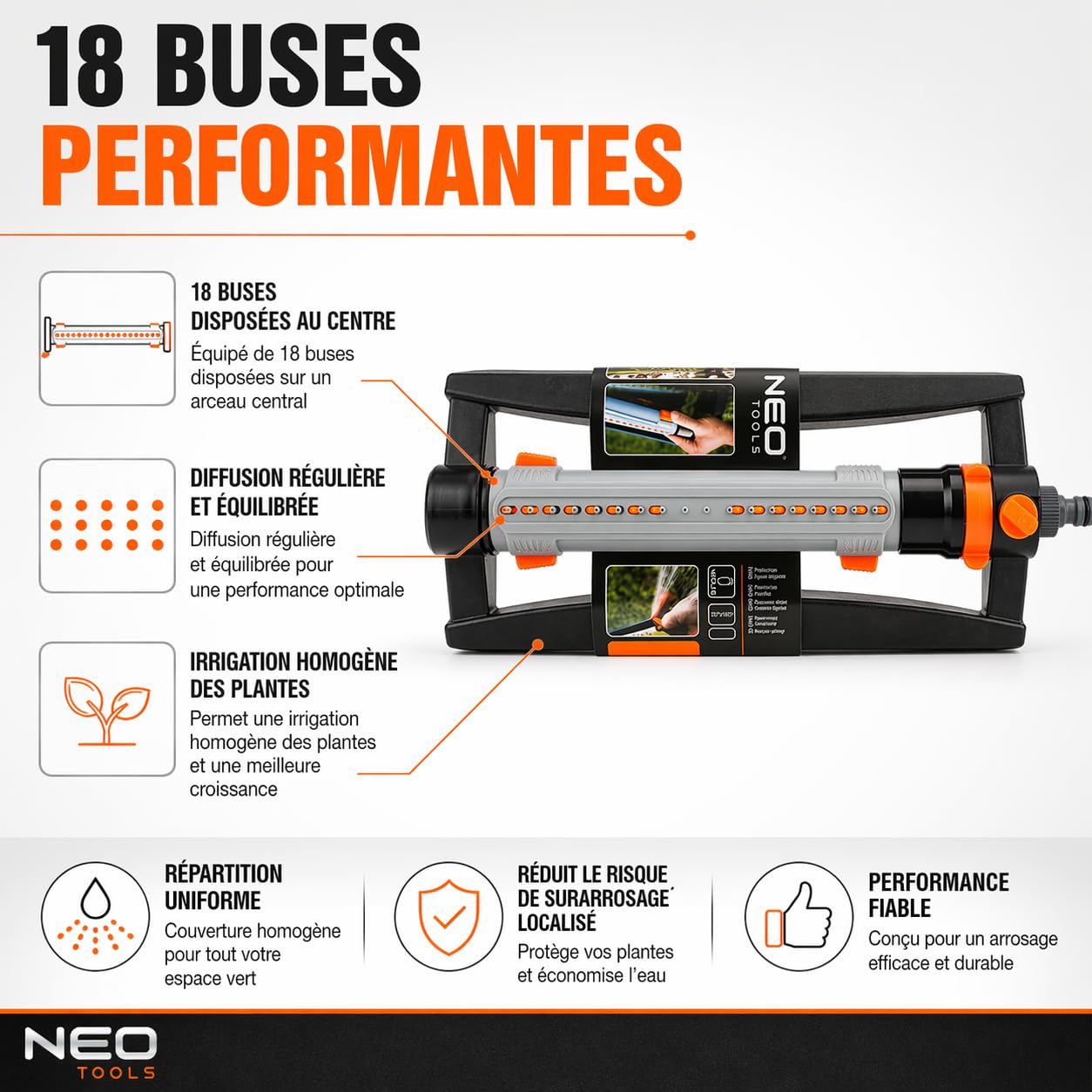 NEO TOOLS Arroseur oscillant de Jardin 18 Buses, Surface d’arrosage Jusqu’à 15 x 19 m, réglage précis de l’Angle et de la Largeur, Cadre Robuste en Plastique