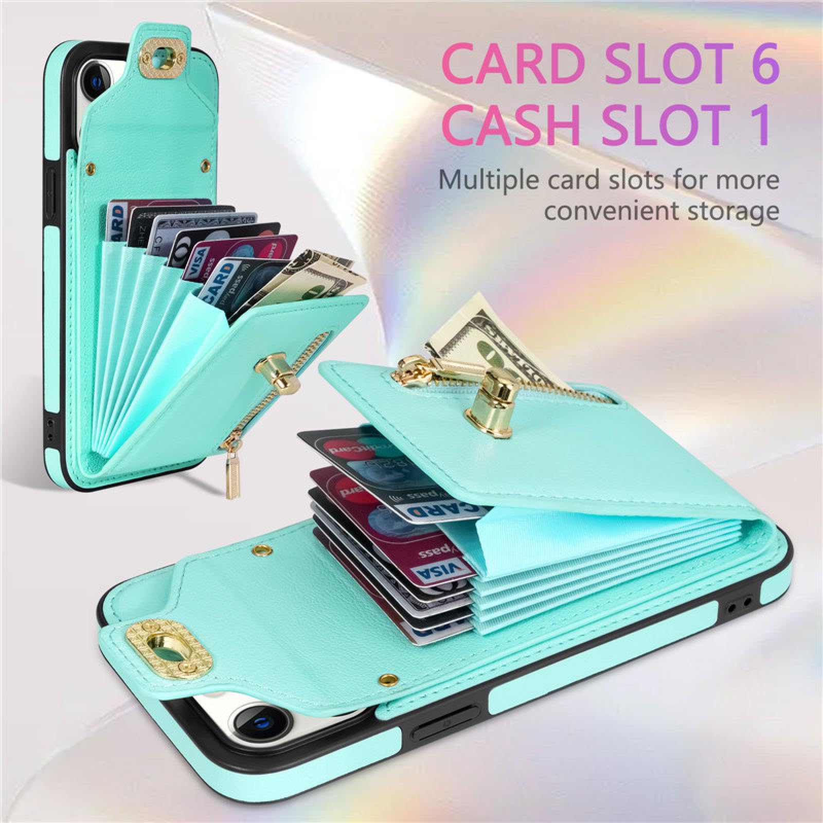 Für iPhone 15 Plus Lanyard Leder Reißverschluss Brieftasche Karte Handyhülle Geldbörse Flip Stand Cover (Für iPhone 15 Plus/schwarz)