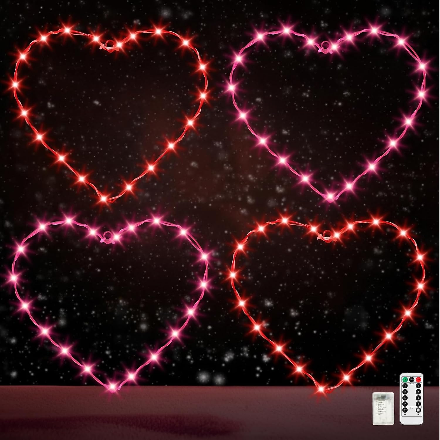 Aurelema 4 Pack Valentines Day Decor 12 Inch Red Pink Heart LED Lights Valentine's Day Window Silhouette with 8 Modes Remote USB Powered Wall Window Light for Wedding Bedroom Indoor Home