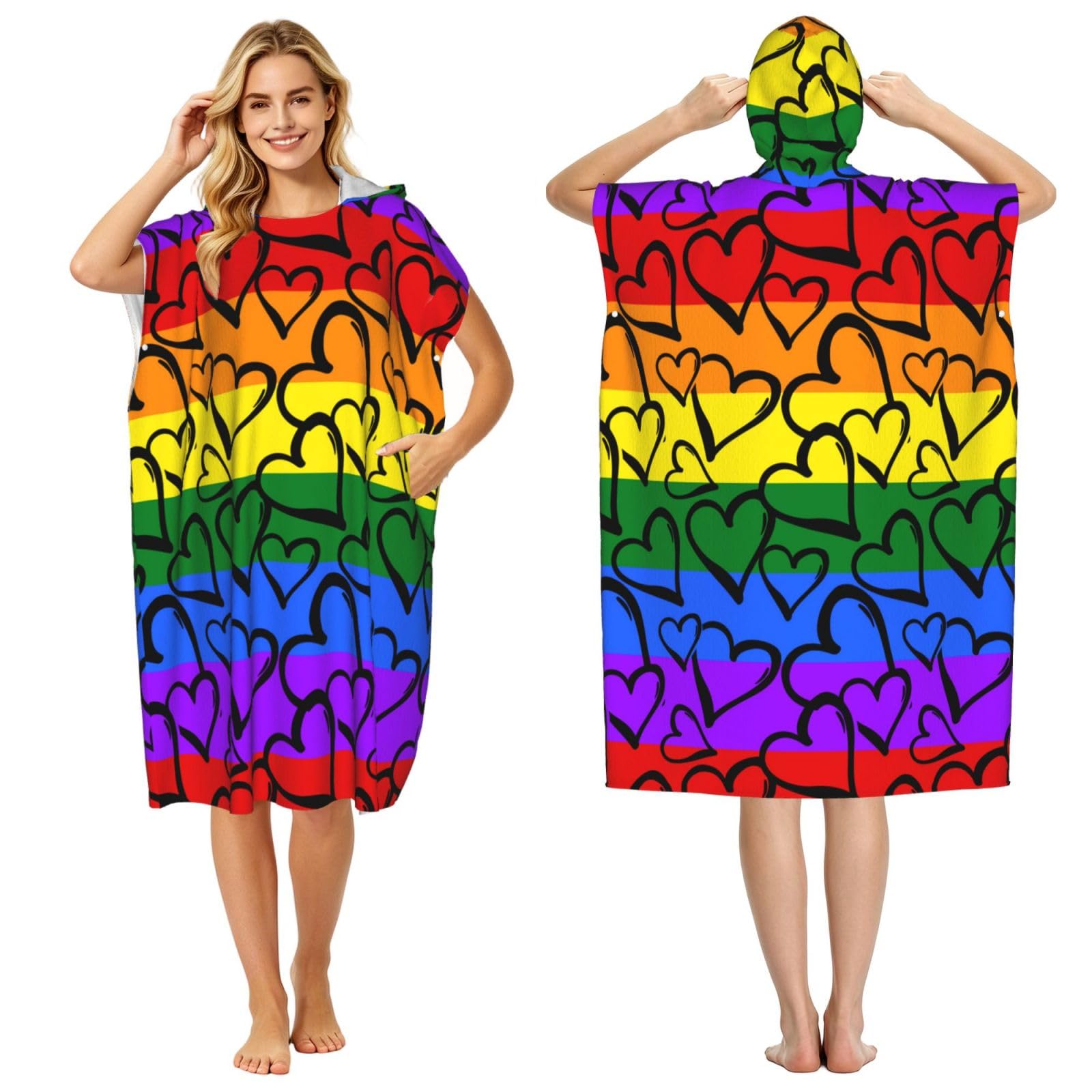 Poadnly Gay Pride Rainbow Colored Hearts, Adult Hooded Beach Towel 90 x 110 cm,Changing Bath Robe, Surf Poncho Towel For Women Men