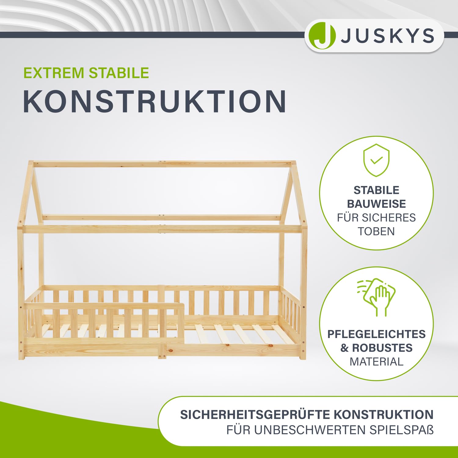 Juskys® Kinderbett Marli 90 x 200 cm mit Rausfallschutz, Lattenrost und Dach - Massivholz Hausbett für Kinder - Bett in Natur