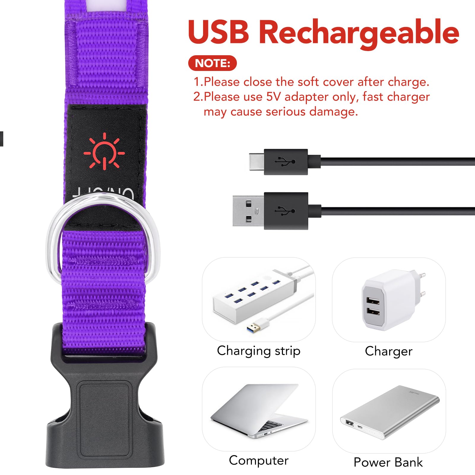 VIZPET Collare per cani a LED, regolabile, ricaricabile tramite USB, super luminoso, di sicurezza, per cani (viola, M [38-50 cm)