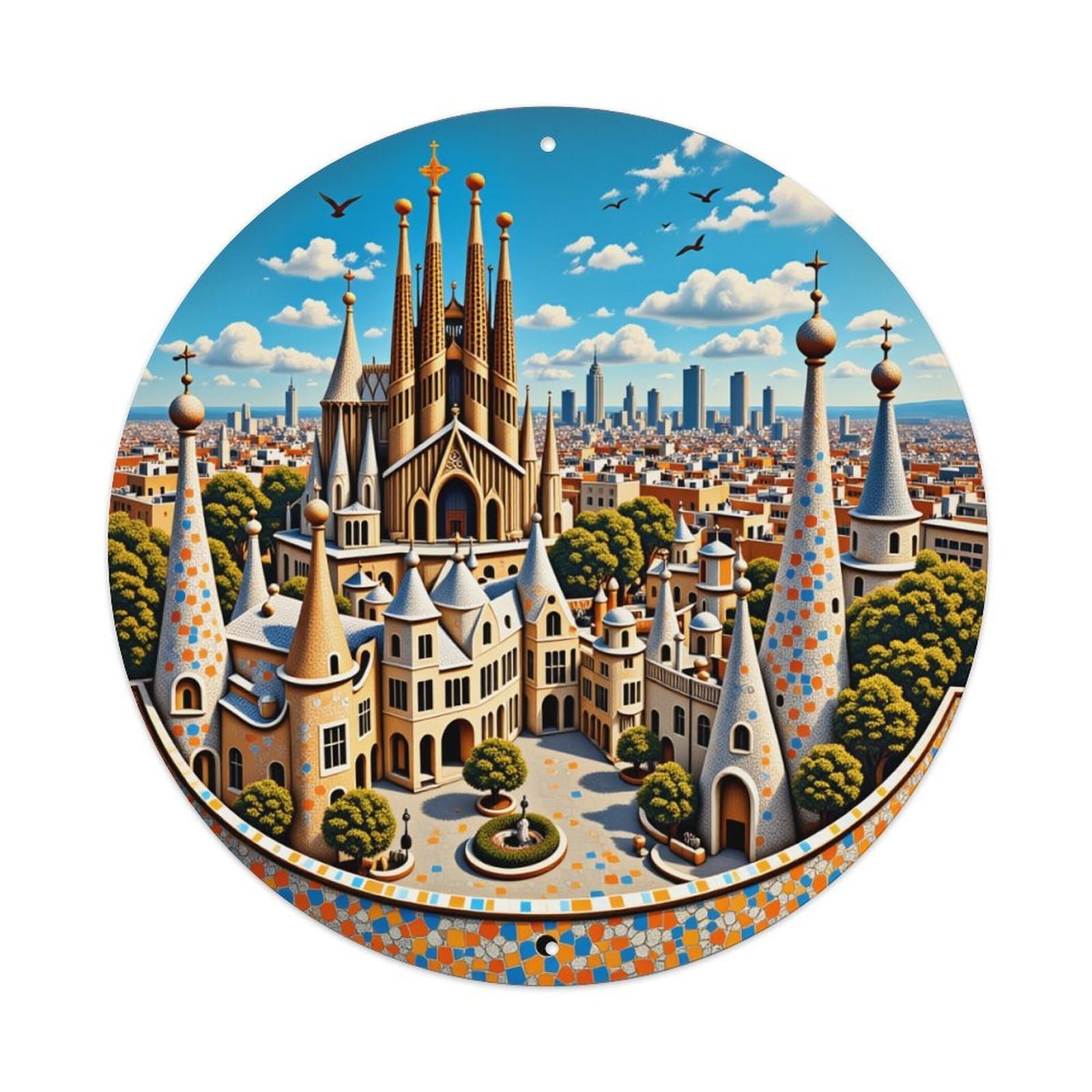 Catalan Architecture Fantasy Cityscape Pattern Round Tin Sign Vintage Style Metal Sign Home Bar Garden Wall Plaque Decor Metal Poster 8x8 Inch