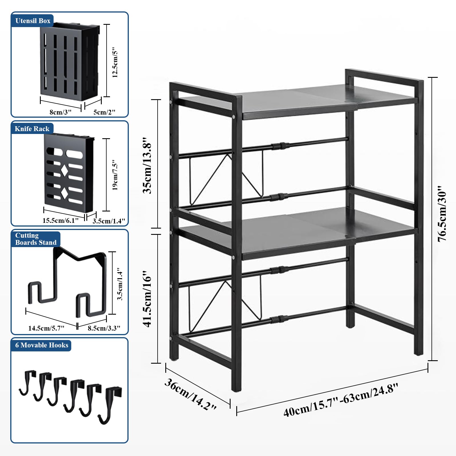 Verstellbares Mikrowellenregal, 3-Stufig Erweiterbares Küchen Mikrowelle Ständer Regal, Mikrowellenhalter aus Kohlenstoffstahl, Küchenaufbewahrung Organizer mit 6 Haken, Schwarz