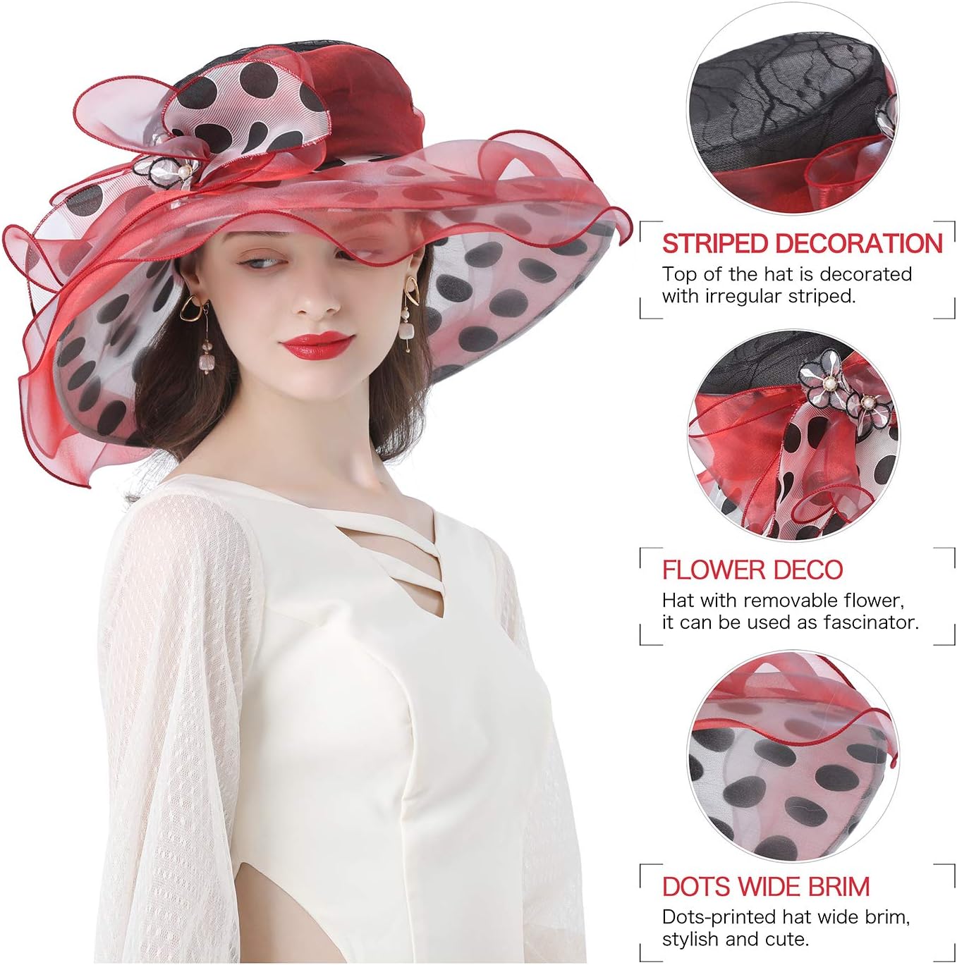 Z&X Organza Church Fascinator Wedding Tea Party Derby Hats for Women Flower Wide Brim Sun Hats