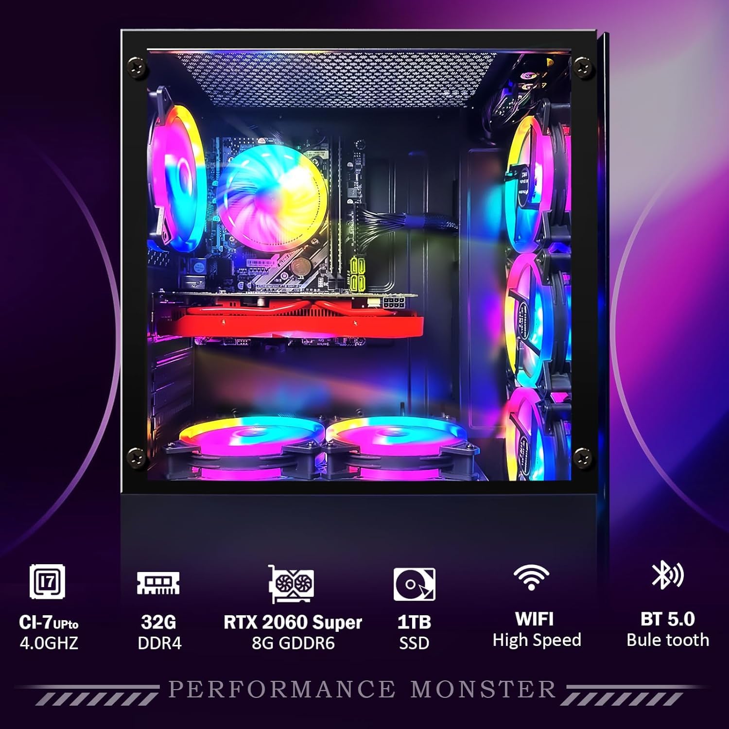 STGAubron Gaming PC Desktop Computer, Intel Core i7-6700 up to 4.0G, GeForce RTX 2060S 8G, 32GB DDR4, 1TB SSD, 600M WiFi, BT 5.0, RGB Fan x6, Windows 11 Home