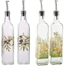 Olive Oil Bottle, Oil & Vinegar Cruet Bottle 17oz/500ml - Dispenser Bottle Set, Glass Container with Drip-Free Stainless Steel Pourers, Bottle Set for Kitchen, 2PK