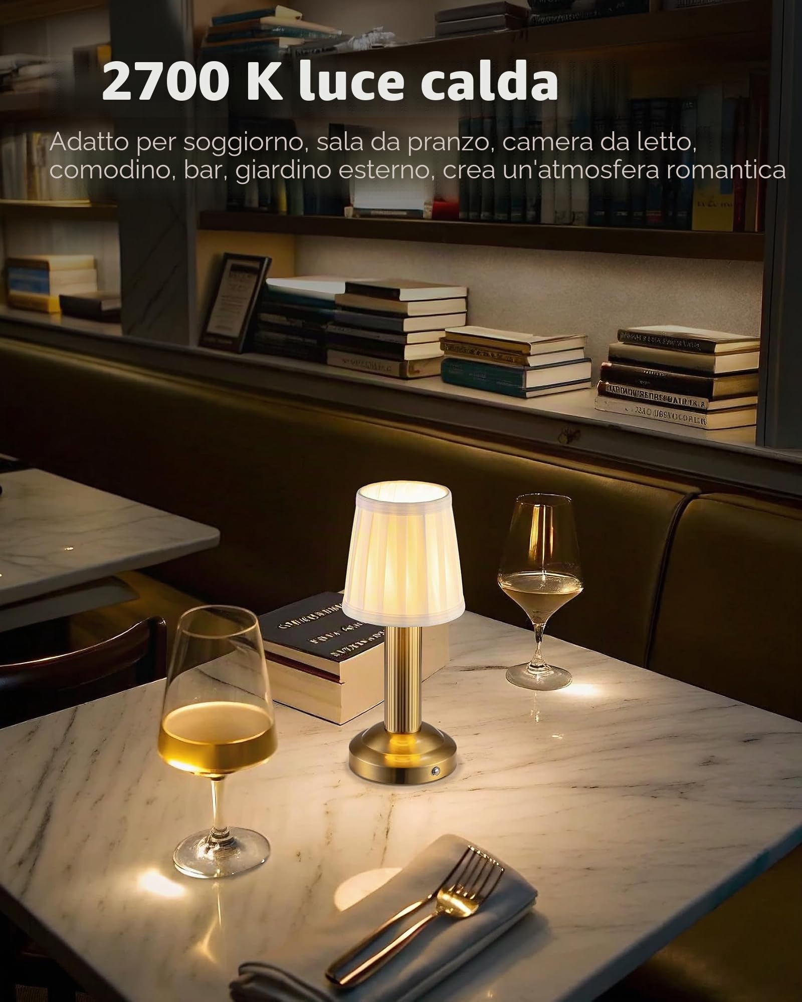 2 lampade da tavolo a LED senza fili, con batteria da 4000 mAh, dimmerabili, vintage, con paralume in tessuto, lampada touch per camera da letto, bar, ristorante (oro).