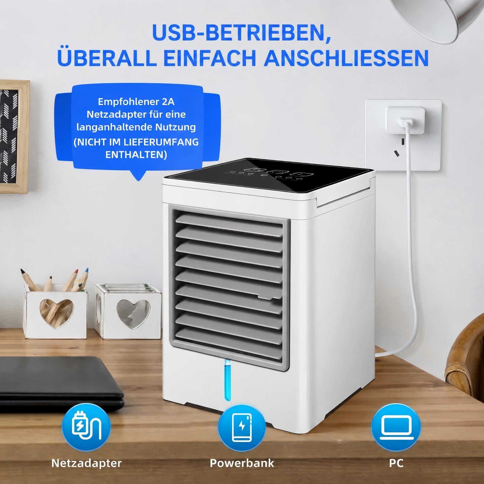 Climatiseur Mobile Portable, Refroidisseur D’Air À Eau Silencieux, Grand Réservoir D’Eau, 3 Vitesses, Ventilateur USB-C Pour Chambre, Bureau, Camping Et Voiture