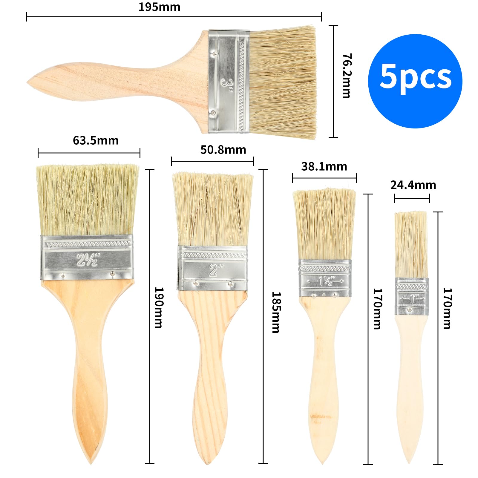 Zestaw 5 płaskich pędzli – pędzel do malowania i pędzel do lakieru z drewnianym uchwytem (25,4/38,1/50,8/63,5/76,2 mm), szeroki pędzel do lazury, bejcy, kleju – idealny jako pędzel do lazury i lazury
