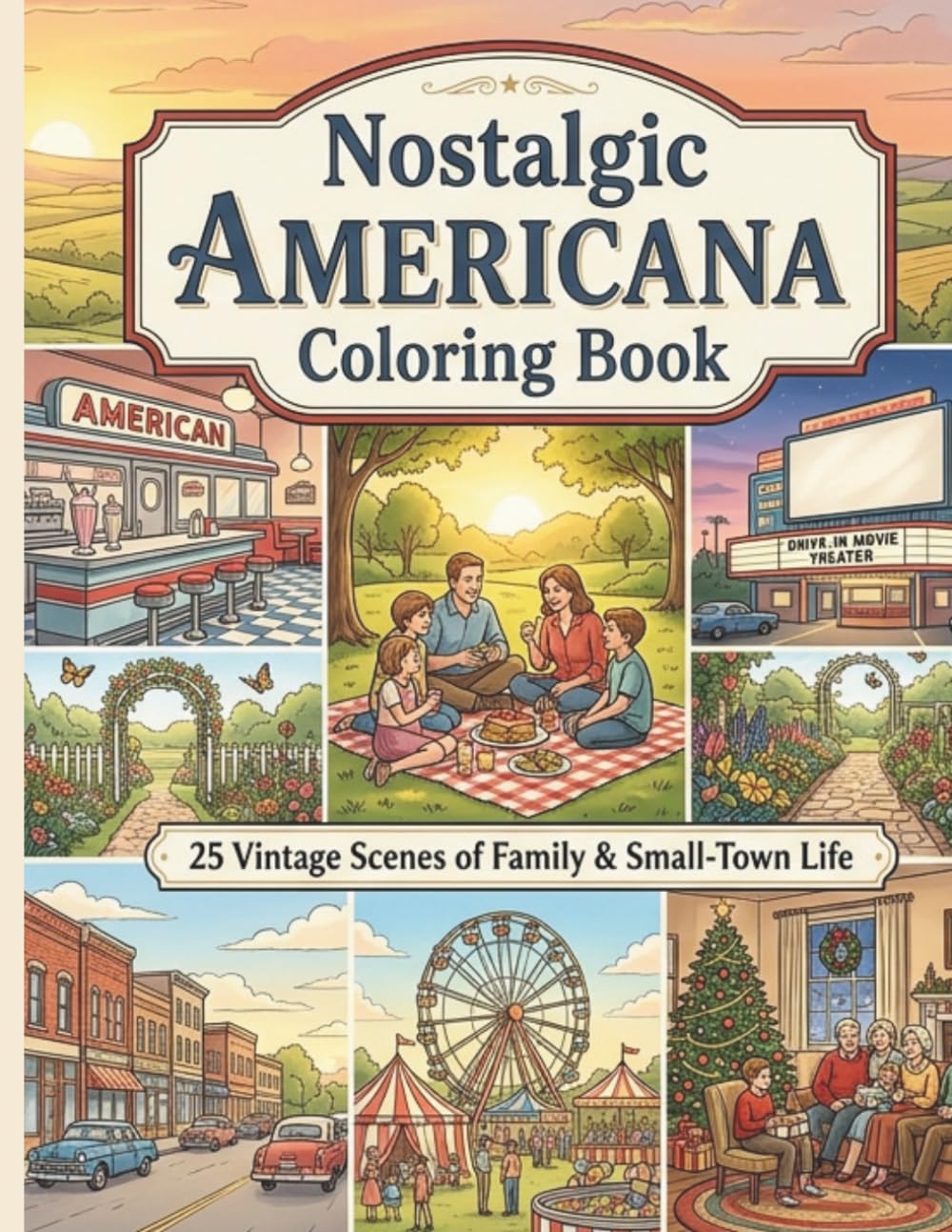 Nostalgic Americana Coloring Book: 25 Vintage Scenes of Family & Small-Town Life