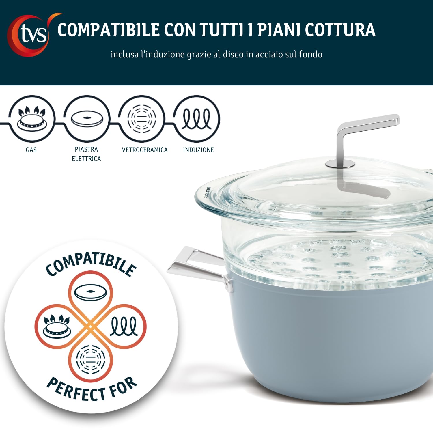 TVS PENTOLE Set per Cotture a Vapore Luna Induction, Casseruola Antiaderente Ø20 cm, con inserto forato in Vetro, Adatta all'induzione, Manici in acciaio, Coperchio in vetro, Celeste, Made in Italy