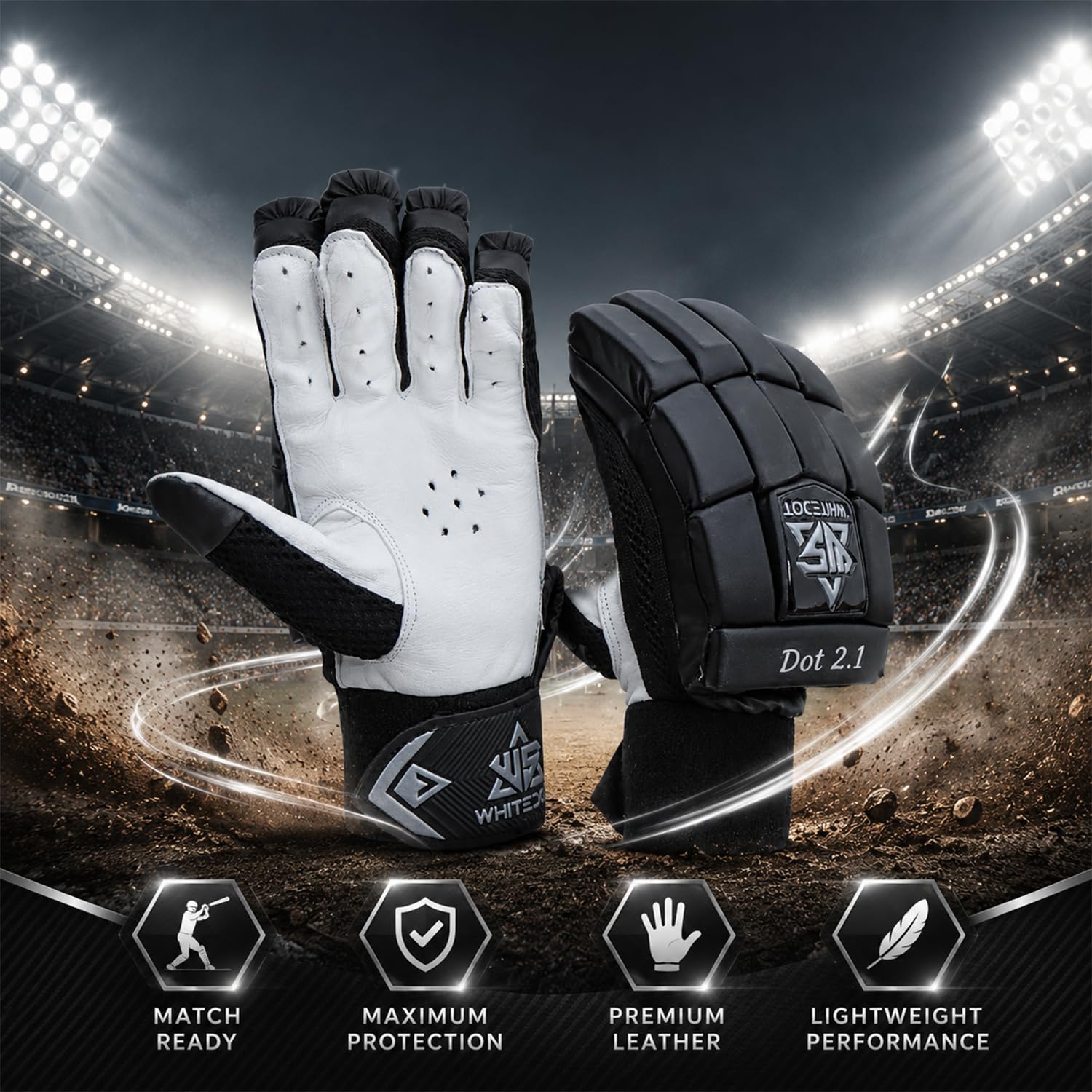 WHITEDOT Sports Dot 2.1 Cricket Batting Gloves||Suitable for Youth|Medium Left Hand||Black, Leather 1