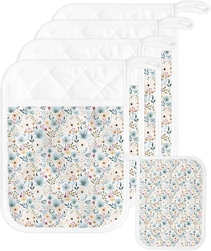 Miniatura 57 de Juego de 2 agarraderas de tela de rizo antideslizantes y aislantes de calor con bolsillo, guantes gruesos para horno, posavasos para hornear