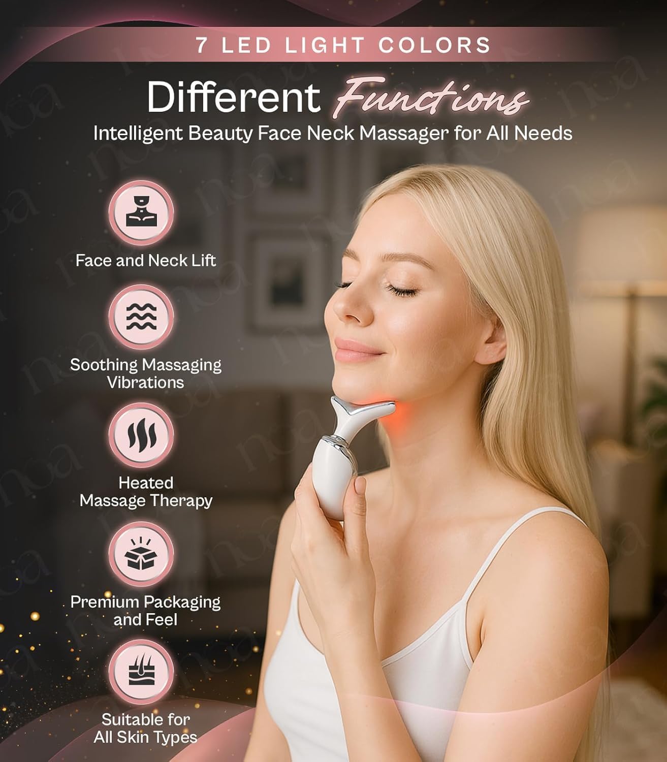 LuxeSkin 7 Color LED Red Light Therapy Facial Massager for Face and Neck, Electric Facial Tool for Skin Care with Vibration, Warm Mode & Travel Bag - Image 3