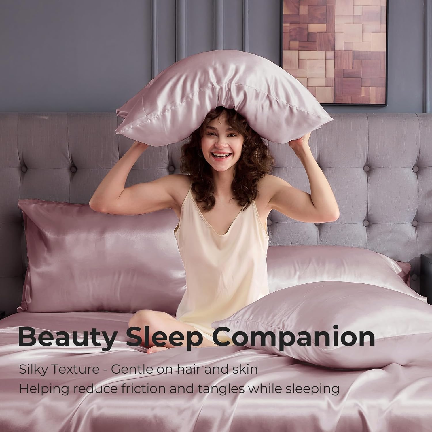 Sasttie Satin Sheets King - 4 Pieces Luxury Soft Dusty Pink Silky Bed Sheets Set with Pillowcases - Smooth Silk-Like Satin Fabric, Reinforced 14 Inches Pocket, Oeko-Tex Certified