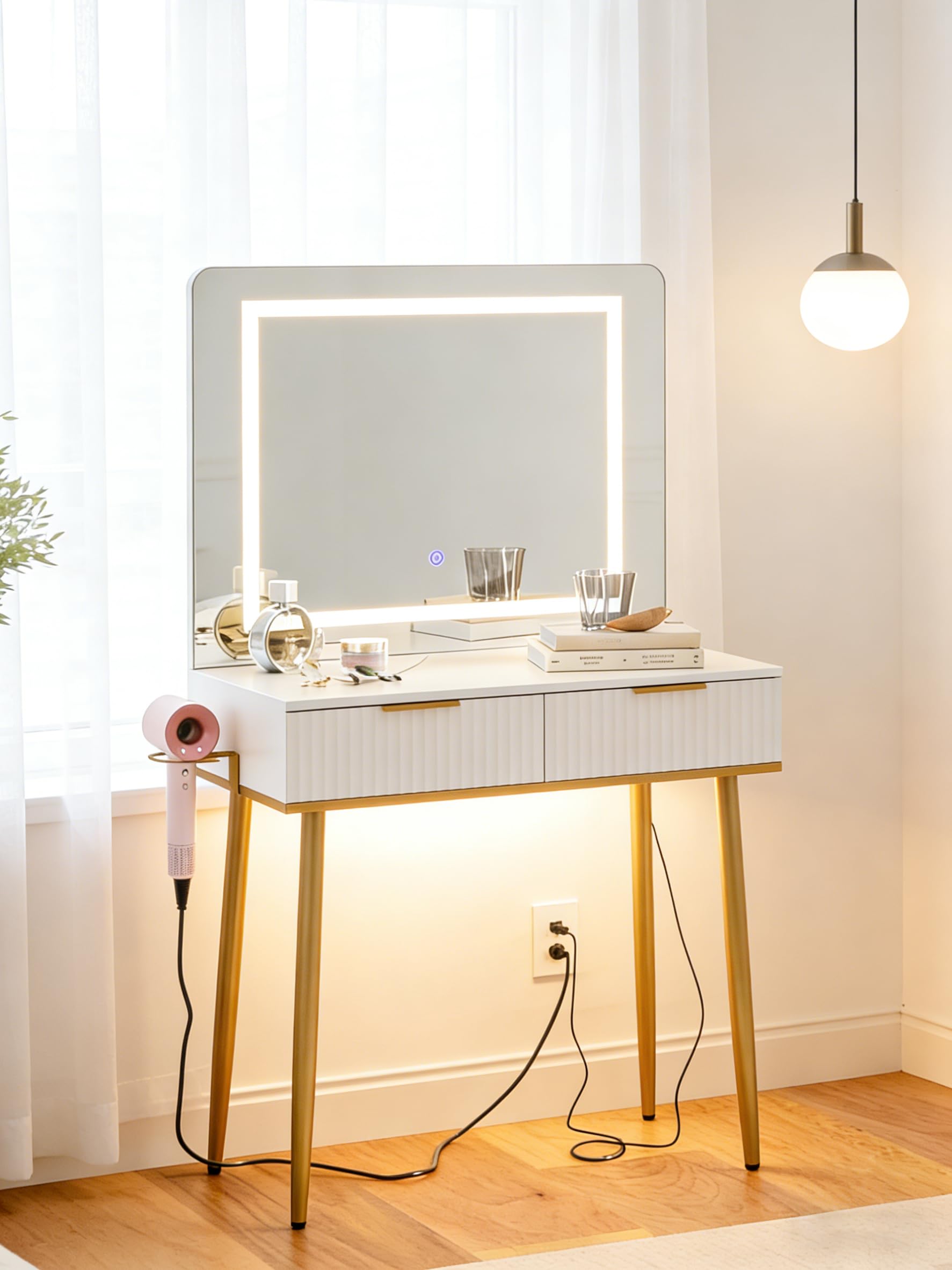 HEYZOEY Dressing Table, Makeup Vanity Desk with Large Mirror and LED Lights, White Vanity Table with Drawers,3-Mode Lights,15.8" x 31.5" x 53.7",White with Golden Legs