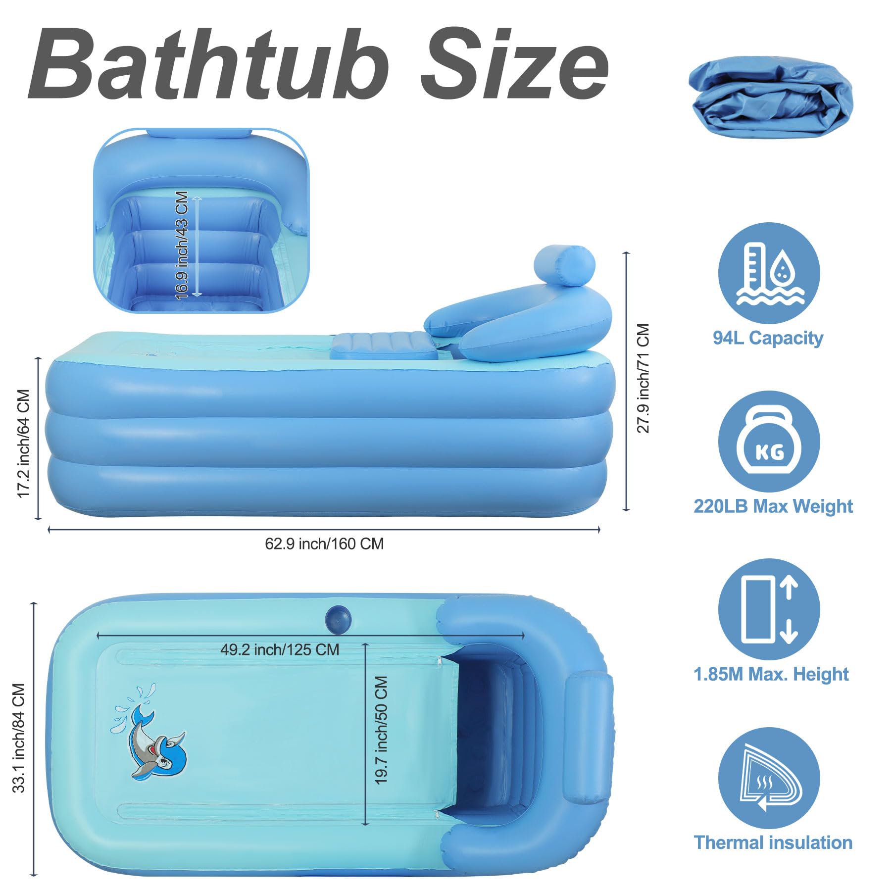 NArra Bañera hinchable para adultos, plegable de plástico para ducha, portátil, independiente, interior y exterior, fácil de inflar con bomba