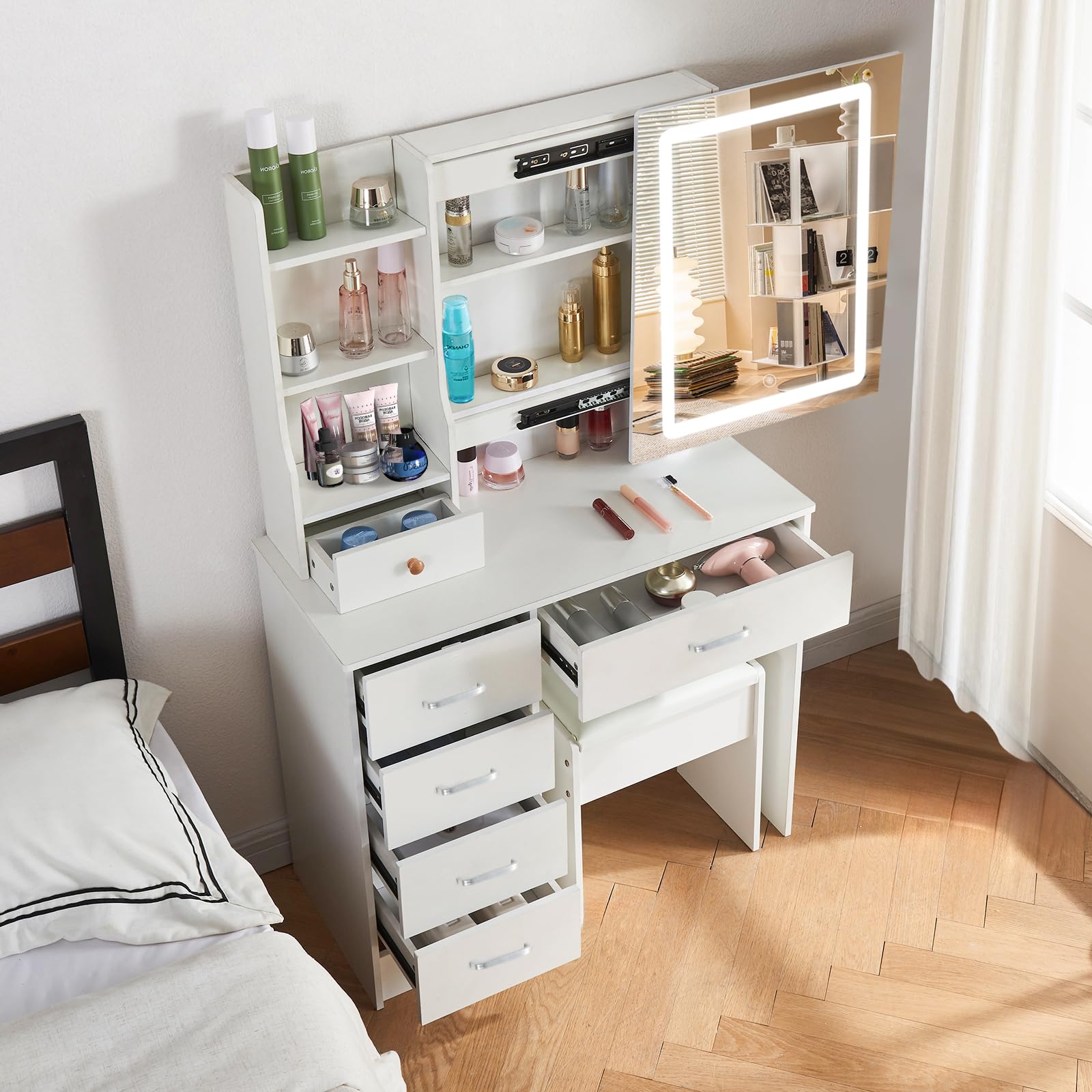 Makeup Vanity Table with Drawers and LED Lights,White Vanity Desk Set with LED Mirror and Shelves, Dresser Desk and Stool for Girls Bedroom