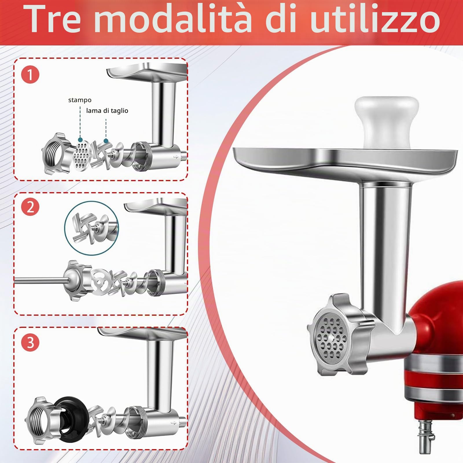 Accessorio Tritacarne, Accessori Kitchen Aid in Acciaio Inox con 4 Dischi di Macinazione 3 Tubi per Insaccati 3 Lame 1 Pestello e 1 Macchina per Hamburger per Tritare Carne Lavorare Frutta Verdura