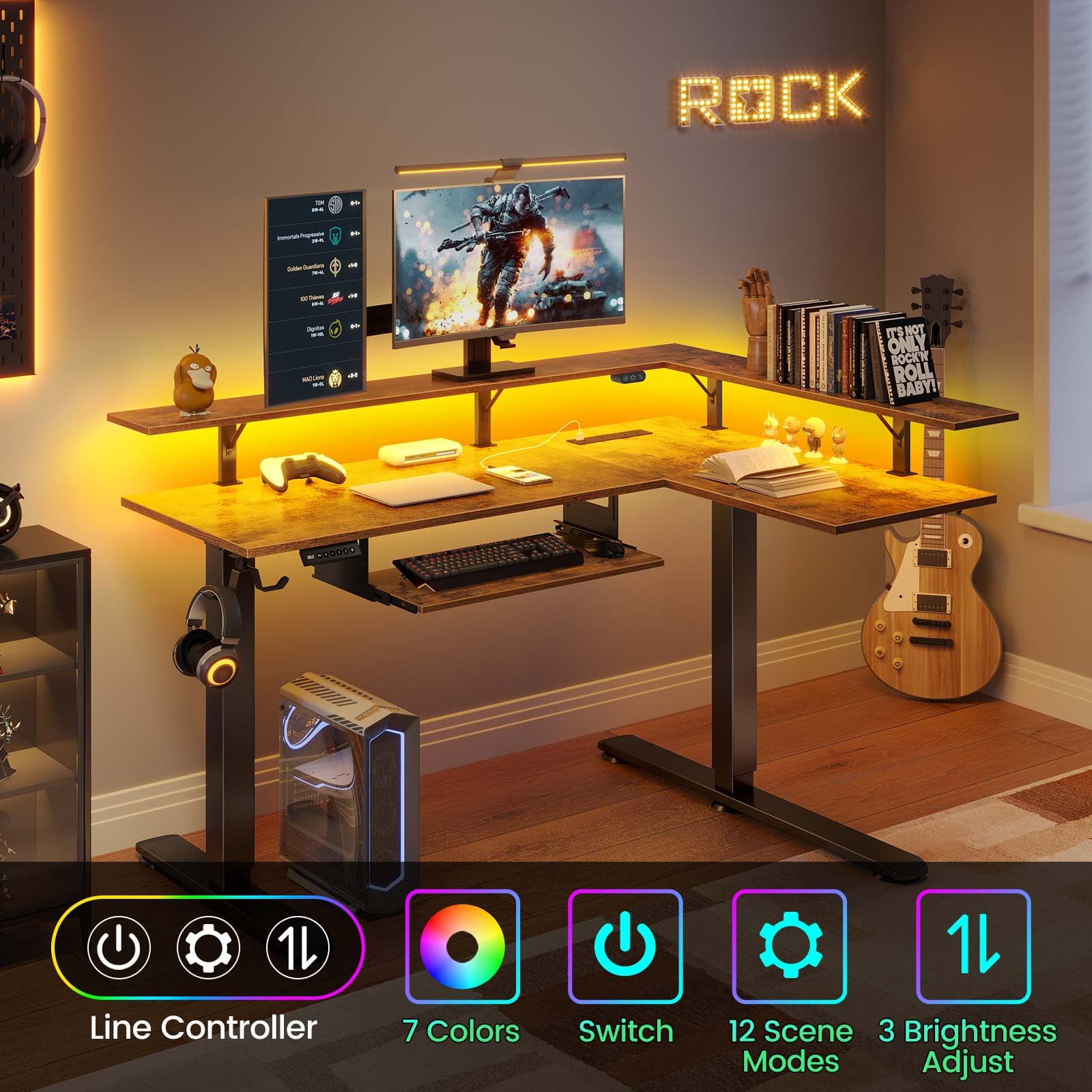 Rolanstar Electric Standing Desk L Shaped with LED Light & Power Outlet, Dual Motor Height Adjustable, Includes Monitor Stand & Keyboard Tray, 61.2