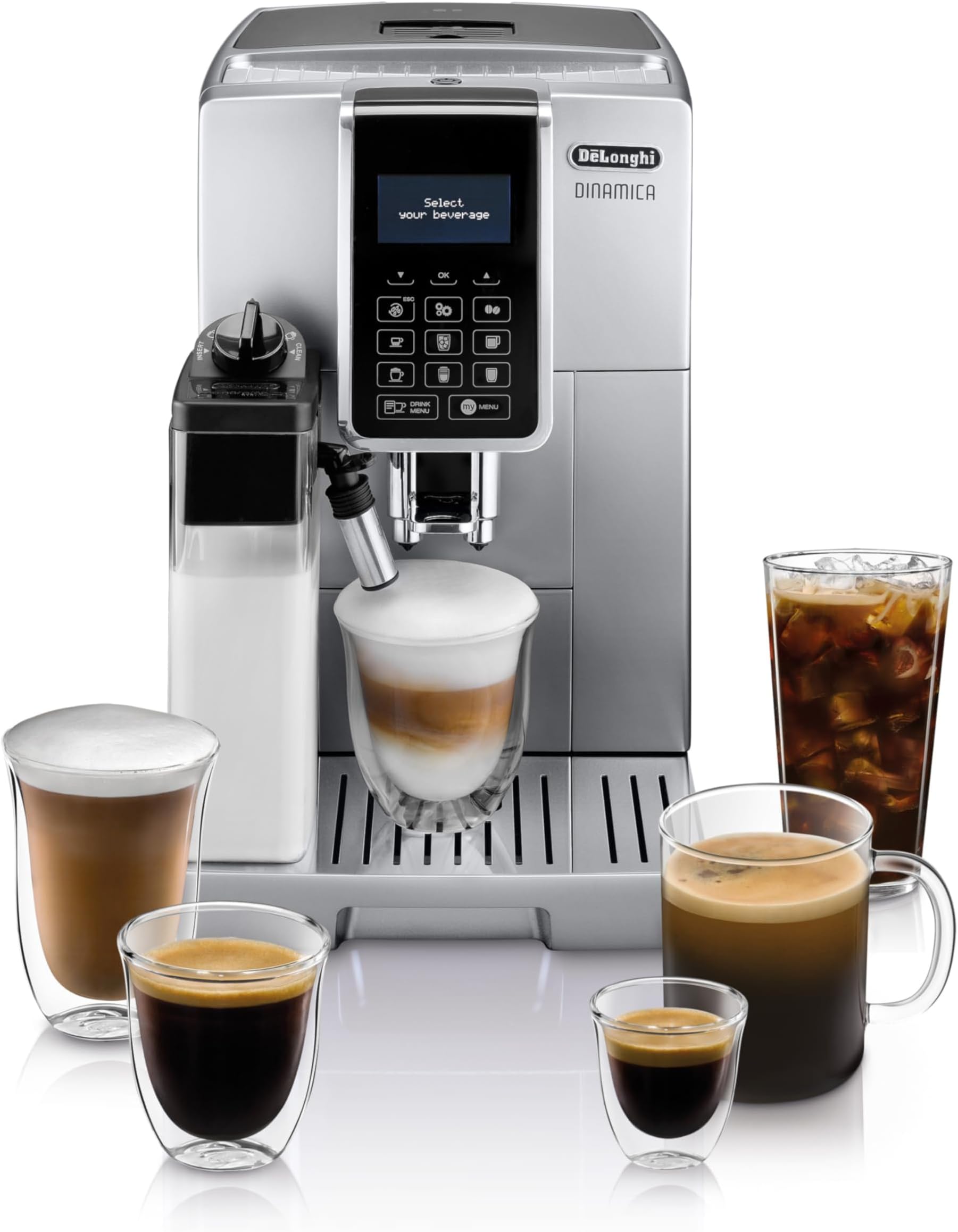 Dinamica LatteCrema Espresso Machine with Automatic Milk Frother for Latte, Cappuccino, Built-in Grinder, Silver, ECAM35075SI