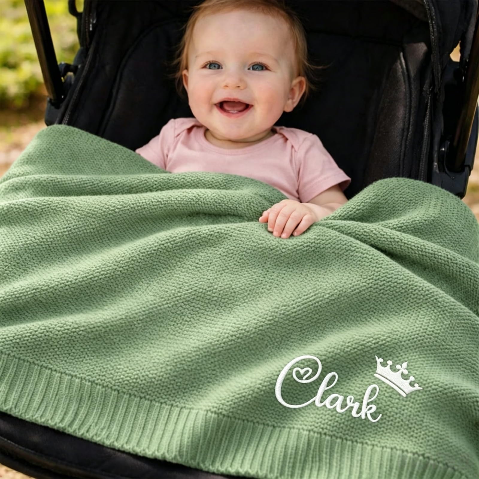 ZZTINGC Personalized Baby Name Blanket, Custom Embroidered Soft Knit Blanket, Baby Shower Present, Newborn Keepsake, New Mom Gift (30x40 Inches)(Light Green)