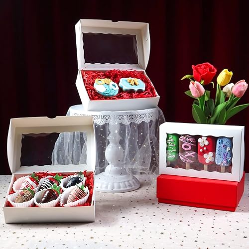 Miniatura 3 de RomanticBaking 51 cajas de panadería de 8 x 5 x 2 pulgadas con ventana, cajas de galletas cubiertas de chocolate, cajas de fresas para tartas, cajas