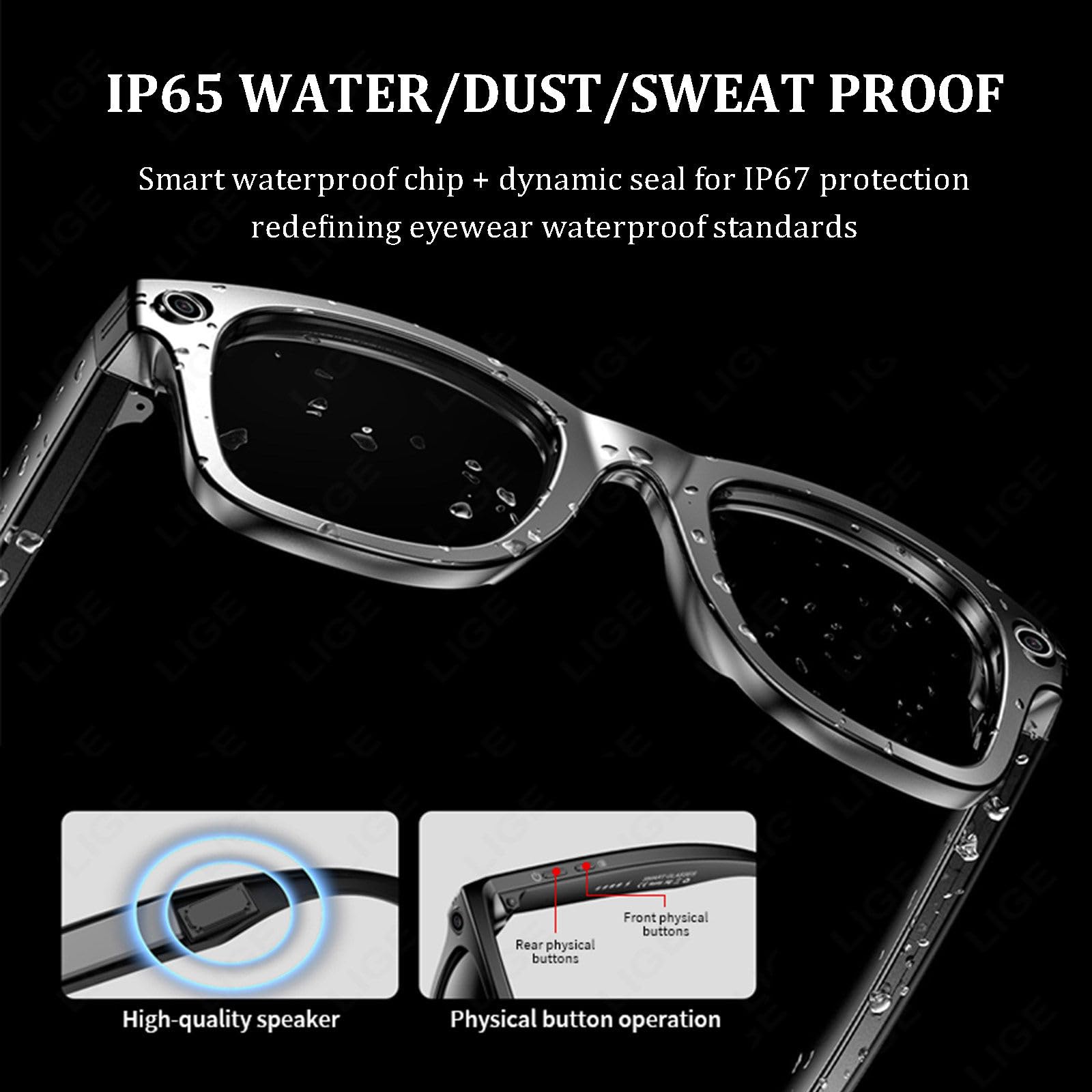 Fashion AI Camera Smart Glasses IP65 Waterproof Bluetooth Call Playing Music Smart Glasses Identify Pictures Use ChatGPT, for Travel Meeting Business,A
