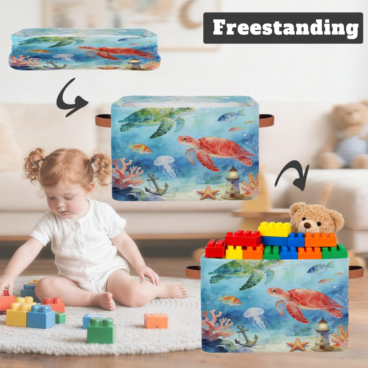 Aquarell-Aufbewahrungskorb mit Ledergriffen, rechteckig, mit Ledergriffen, 2 Stück, faltbarer Stoff-Aufbewahrungskorb für Schrank, Badezimmer, Wohnzimmer, Büro, Spielzeug, Organizer