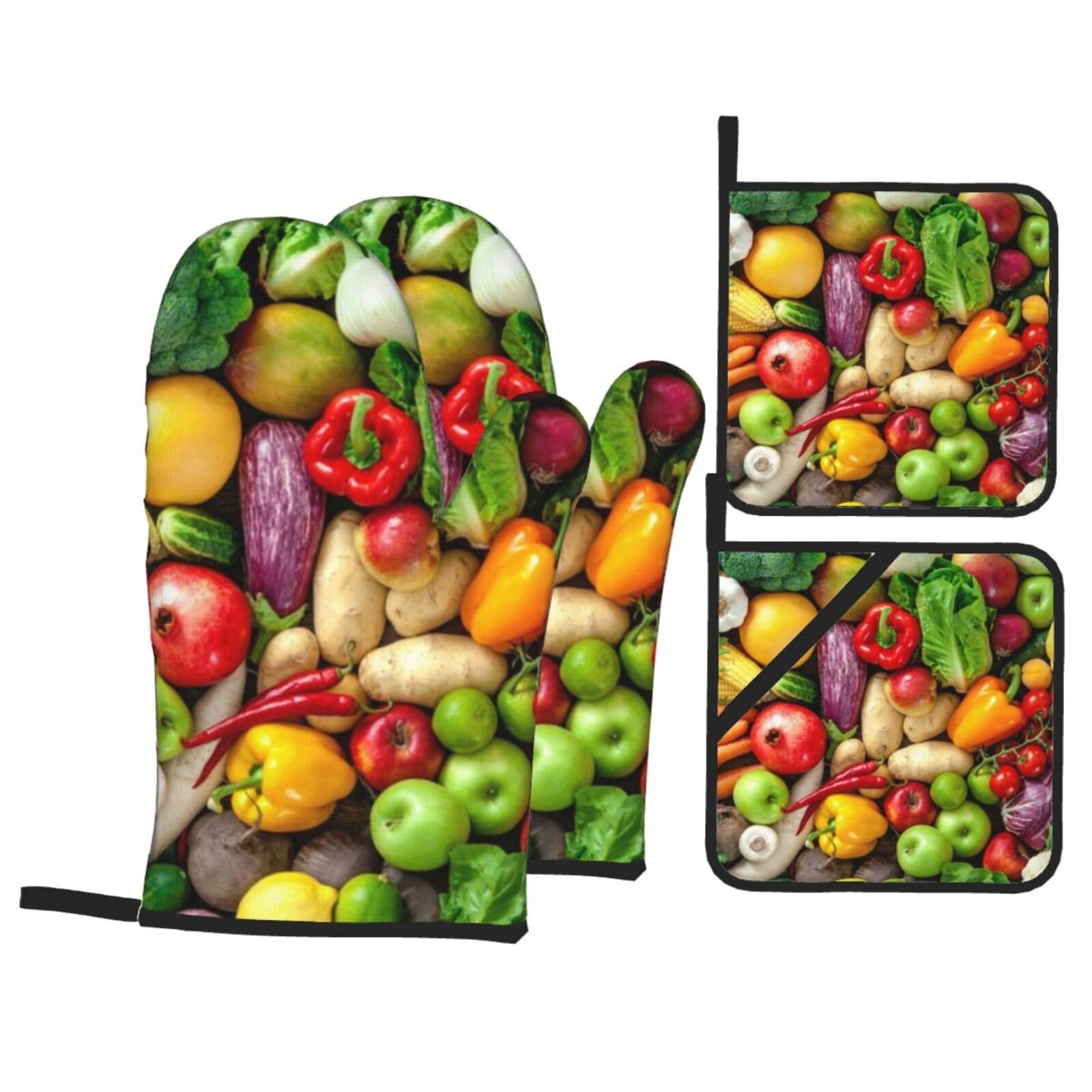 Fresh Fruits And Vegetables Print Stylish Heat-Resistant Oven 4-Piece Set Kitchen Gloves Roasting Daily Cooking