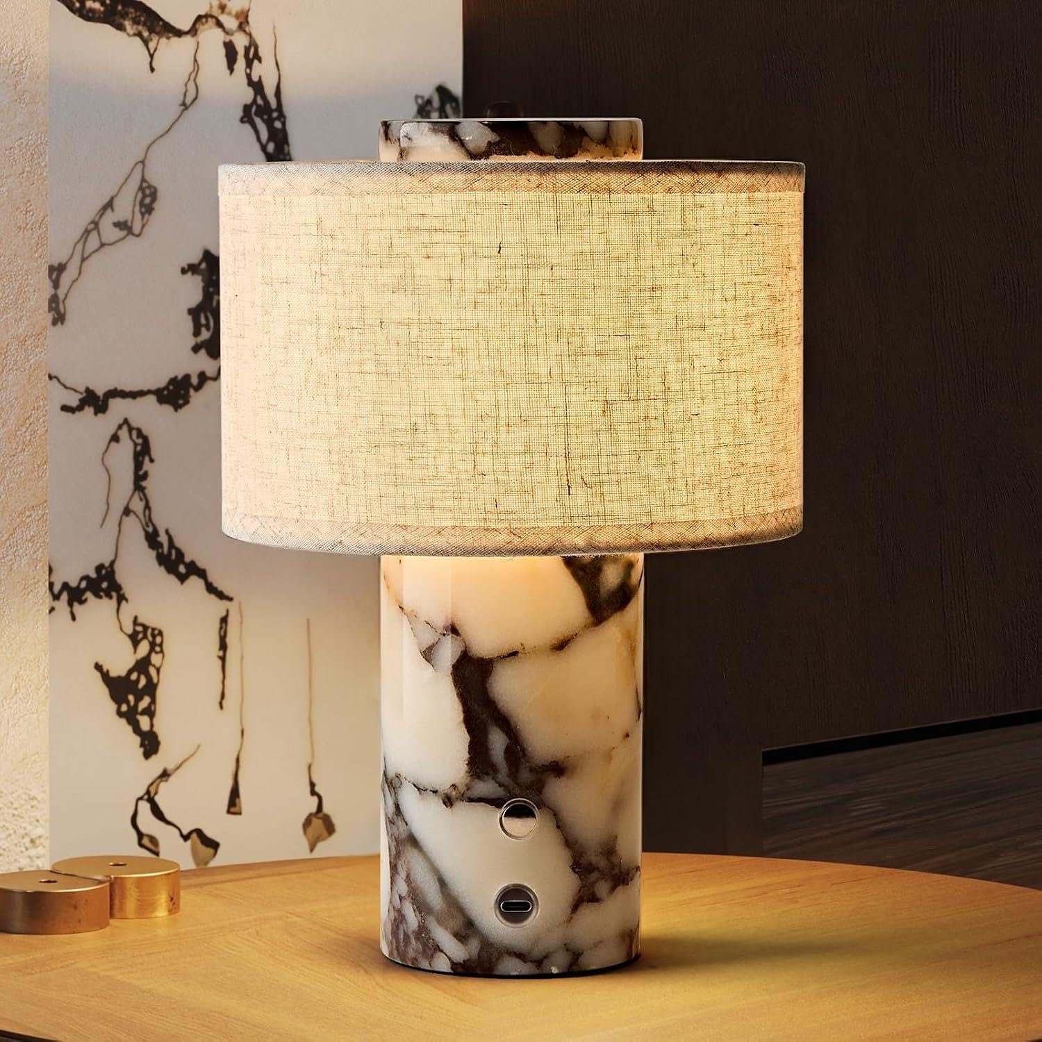 Lampada da tavolo in marmo con lampada d'ambiente con venature naturali