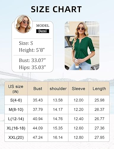 Vista 6 de Ivicoer Blusa de verano para mujer, manga cortalarga, plisada, cuello en V, floral, estilo túnica, elegante, informal, S-XXL