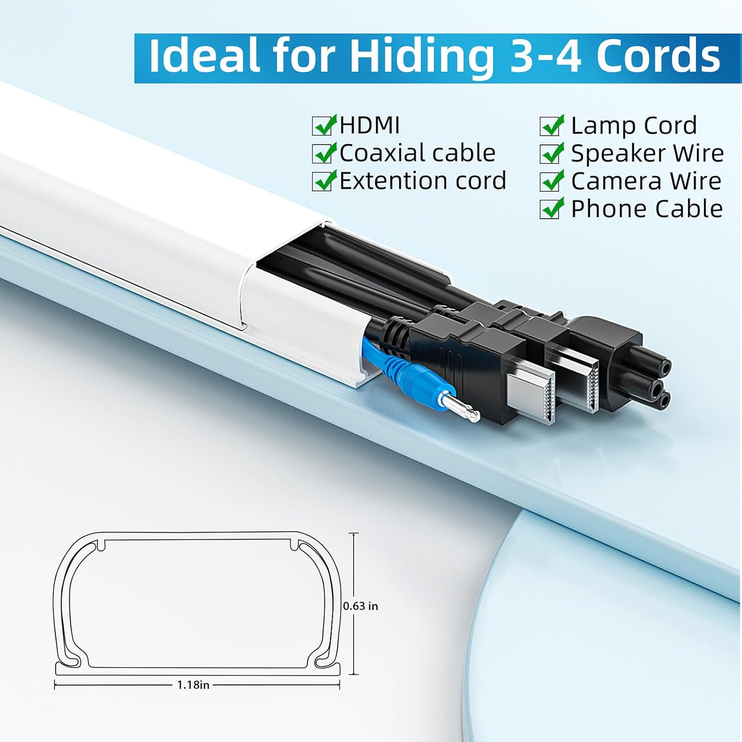 Yecaye 142in Wall Cord Hider for 3-4 Cords, On-Wall Cord Cover Channel, Cable Concealer, Cable Cover Cords Management for Home Office, W1.18in H0.63in, White