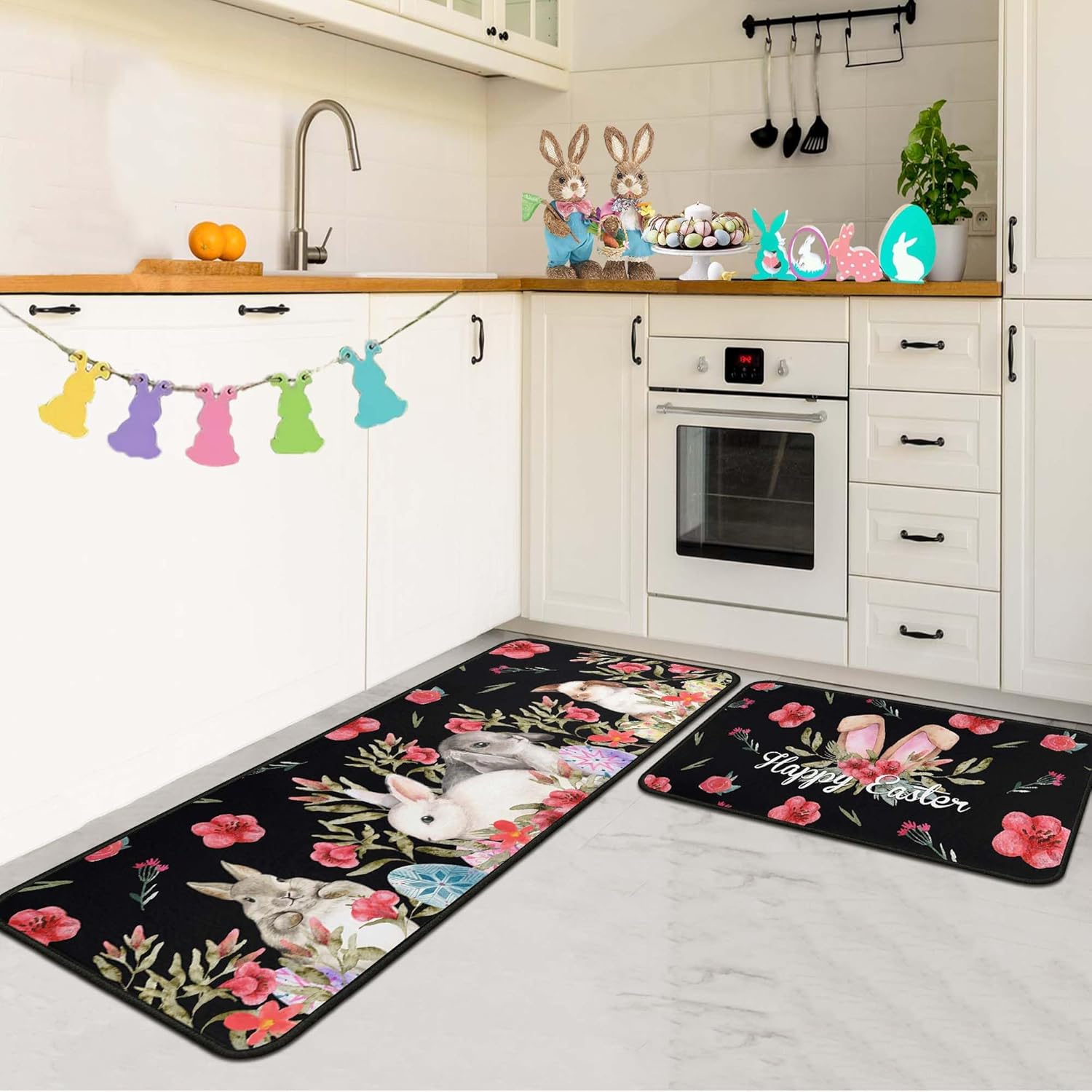 Easter Kitchen Rugs Set of 2, Easter Decorations Non Slip Backing Happy Easter Kitchen Mats for Floor Holiday Rug Easter Decor for Home Party Gifts 17"X47"+17"X30" (Happy Easter 1, 17"x47.2"+17"x30")