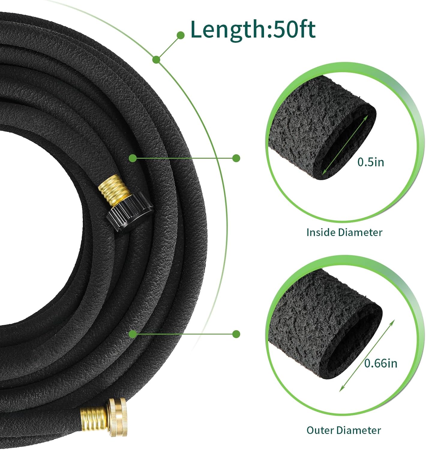 TLGREEN 50ft 1/2" Heavy-Duty Soaker Hose Kit with Solid Brass Connectors – Durable Rubber Drip Hose for Efficient Garden, Lawn, and Yard Irrigation, Saves 70% Water