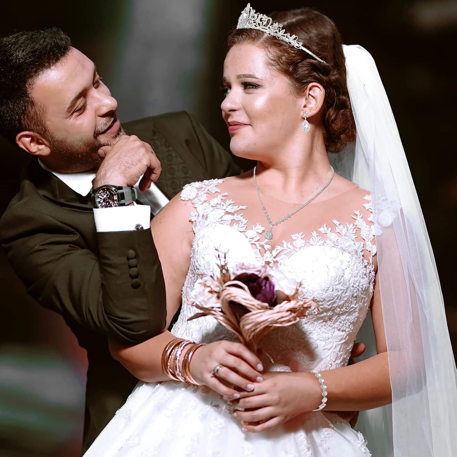 CIEHER 4/5 Pieces Women Jewelry Set - Rhinestone Crown + Drop Necklace + Elegant Bangle Bracelet + Crystal Teardrop Dangle Earrings for Bridal Wedding Party - Image 3