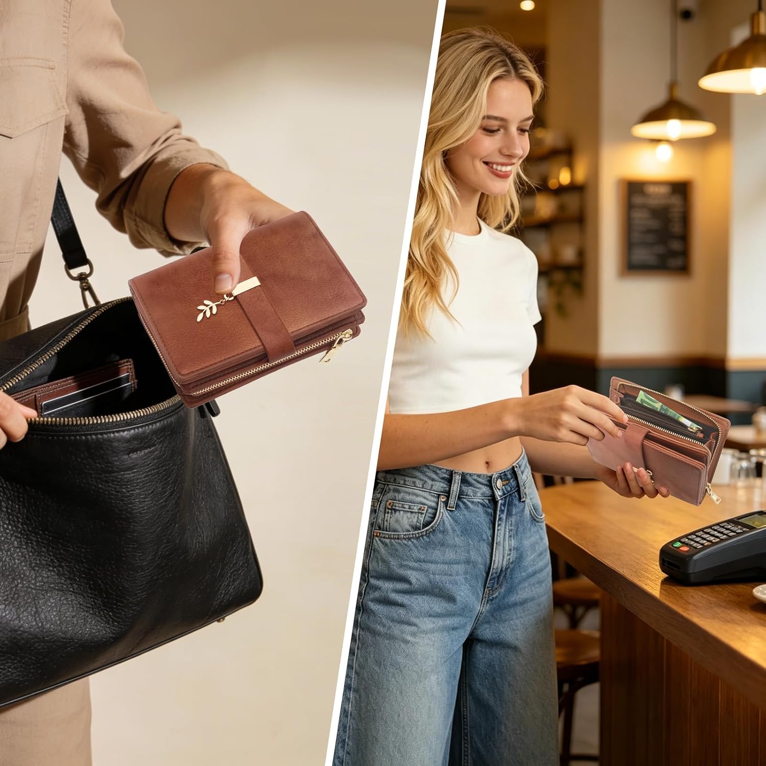 RFID Blocking Trifold Wallet for Women PU Leather Credit Card Holder Brown