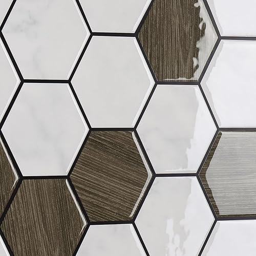CRE8TIVE 16 hojas de azulejos hexagonales para salpicaduras de cocina y baño, 12 x 12 pulgadas, azulejos con aspecto de mármol y madera,