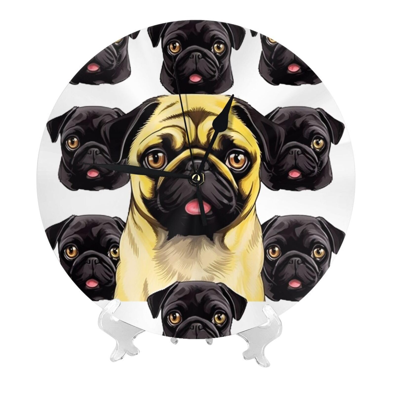 DWVTSLH Black Yellow Pug Wall Clock 10 Inch Silent Non-Ticking Modern Clocks Battery Operated - Decorative Wall Clocks for Bedroom Living Room Kitchen Office Wall Decor Gift Idea