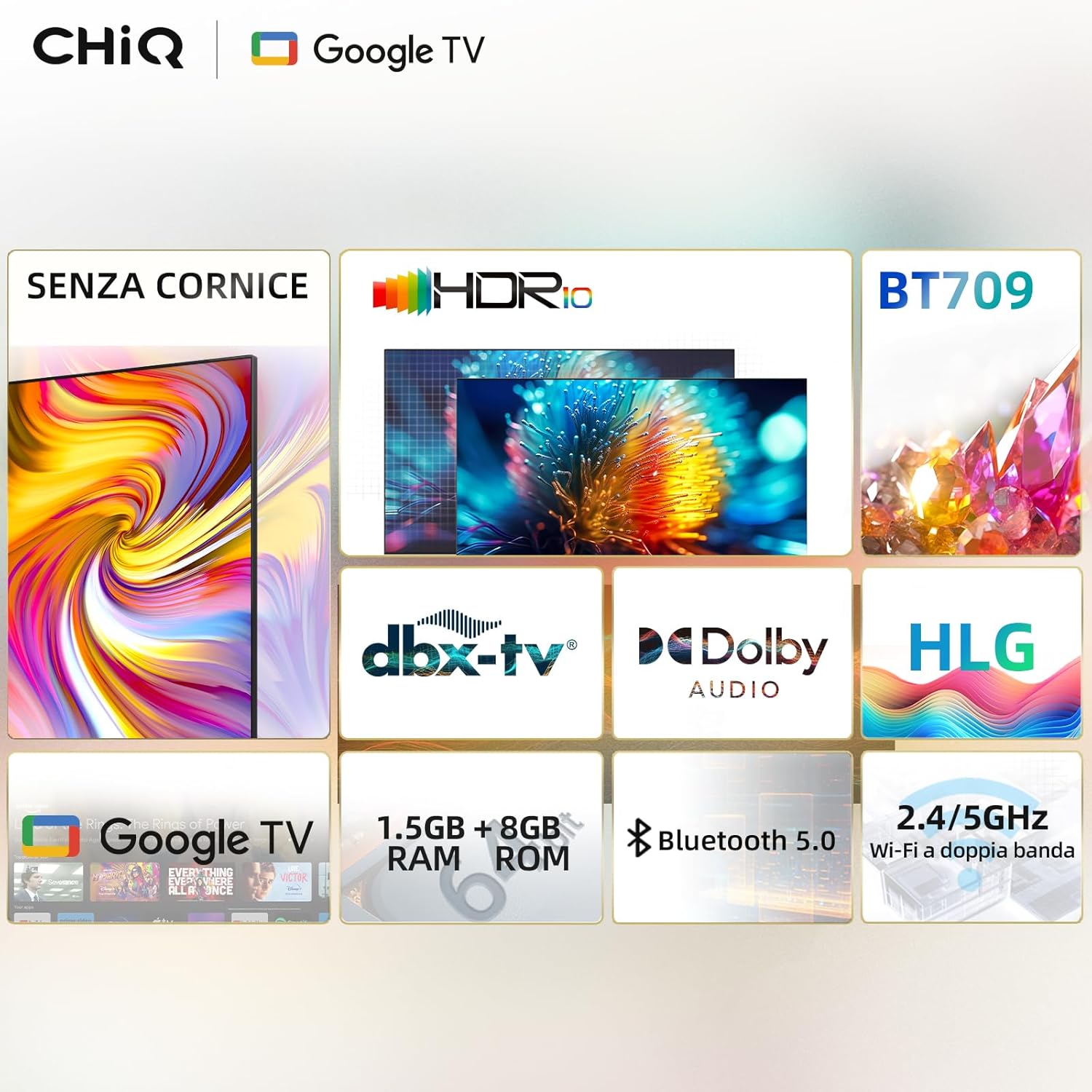 CHiQ L32H7G TV da 32 pollici, Smart TV, TV LED HD, Design senza cornice, Google TV HDR, Assistente Google, Telecomando con controllo vocale, Google Play