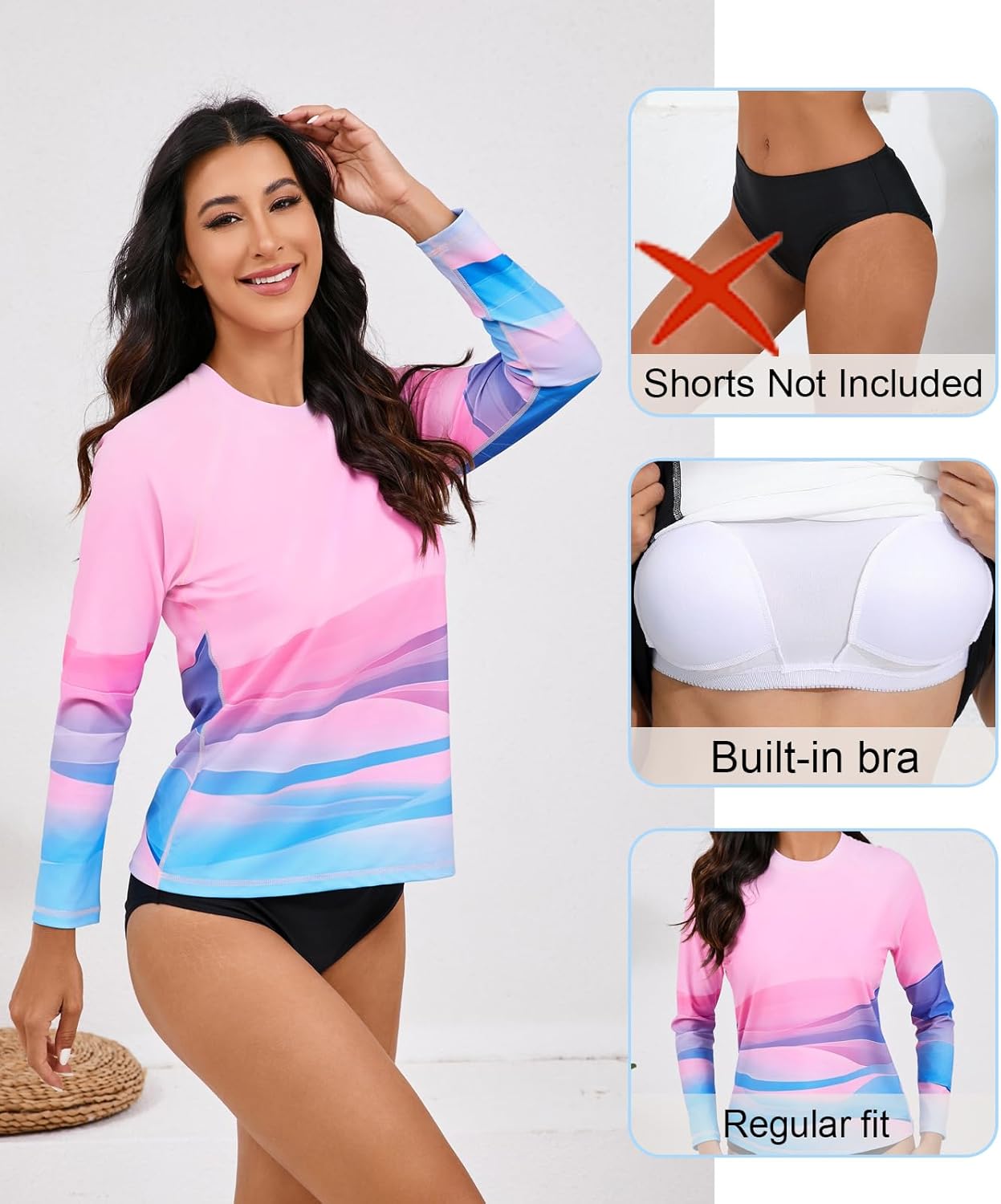 Halcurt Womens Long Sleeve Rash Guard Swim Shirts with Built in Bra UPF50+ Sun Protection Swimsuit Top - Image 5