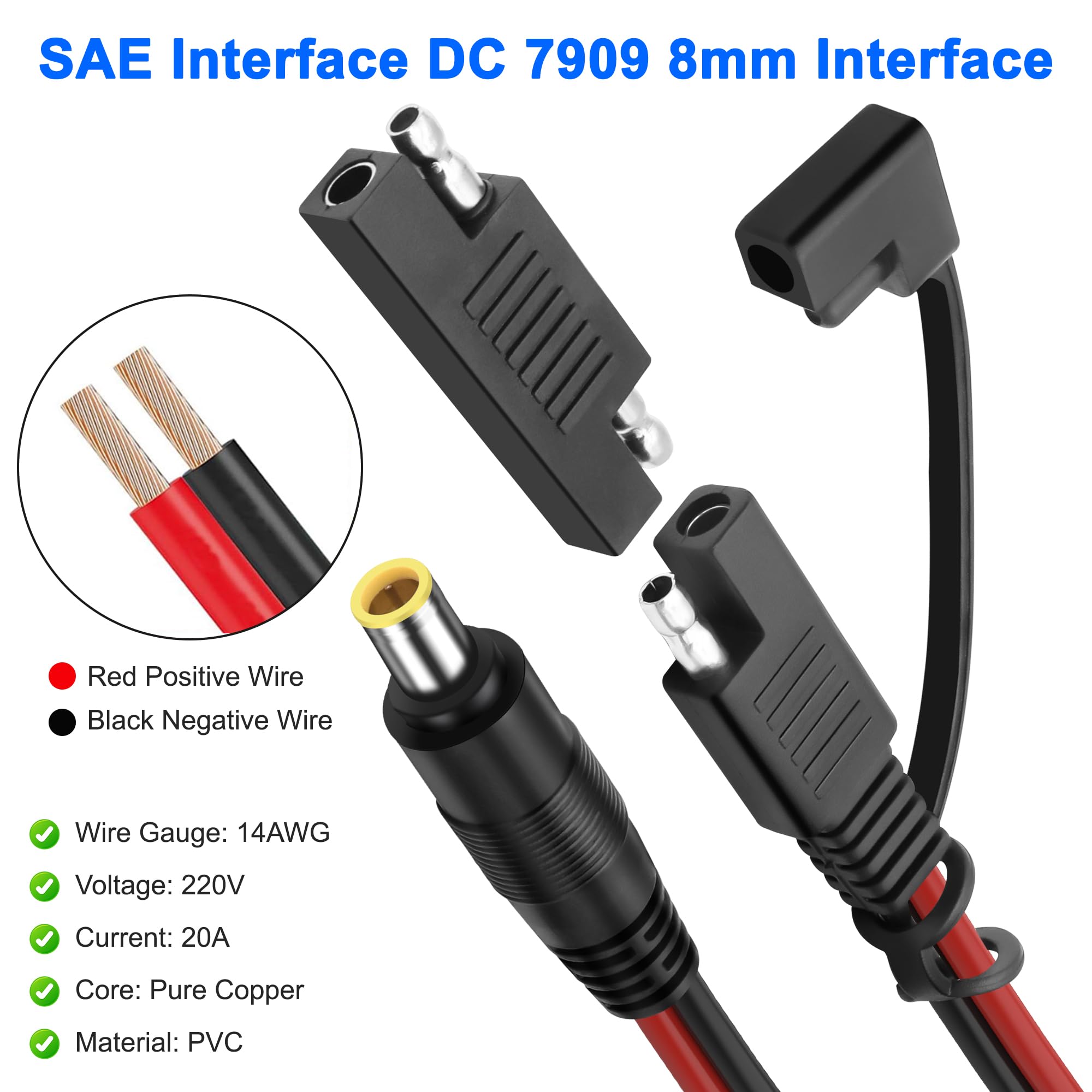 XMSJSIY 14AWG SAE na DC 7909 kabel przedłużający 8 mm z adapterem polaryzacyjnym SAE i konwerterem DC5525/8020, solarny kabel zasilający do panelu słonecznego samochodu, kampera, przenośna elektrownia
