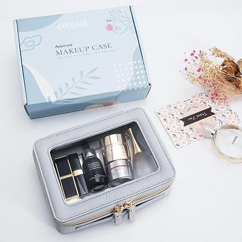 Miniatura 6 de Bolsa de maquillaje transparente con cremallera y asa, bolsa de viaje transparente portátil para mujeres y hombres, Azul Perlado, Moda