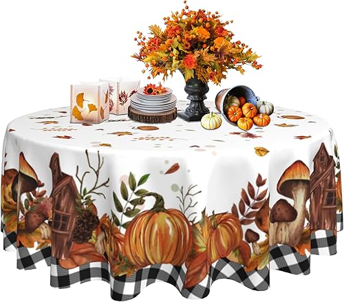 Mantel redondo de otoño de 60 pulgadas, diseño de calabaza a cuadros de búfalo y hojas de hongos, mantel de otoño para Acción de Gracias, mantel de
